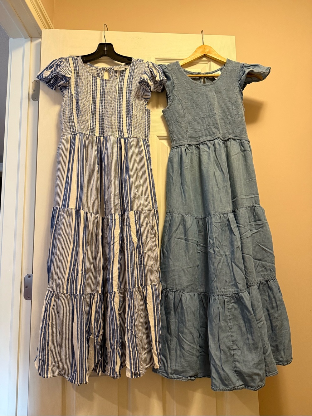 Motherhood Blue Striped & Solid Tiered Maxi Dresses